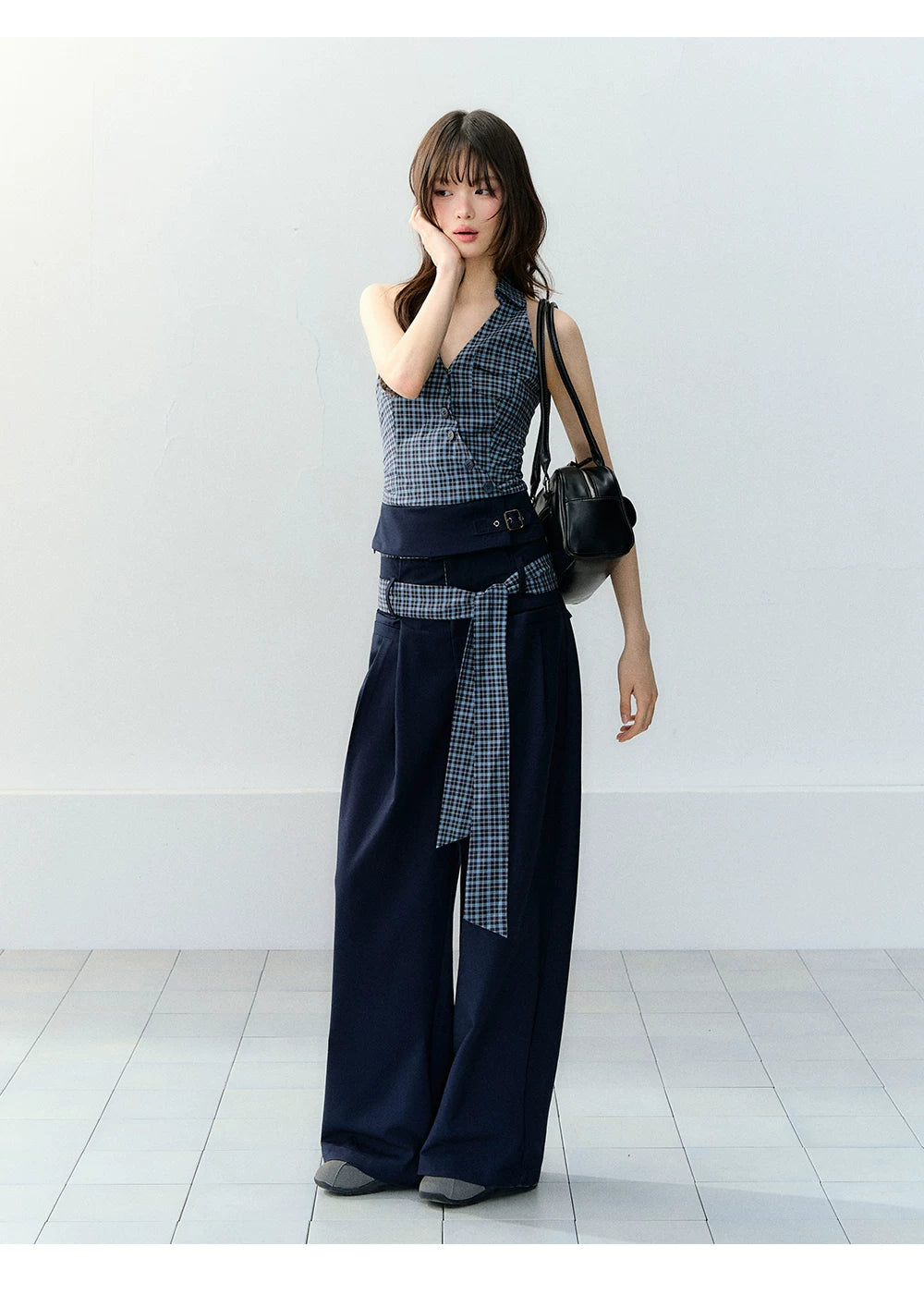 Navy Blue Plaid Two-Piece Set