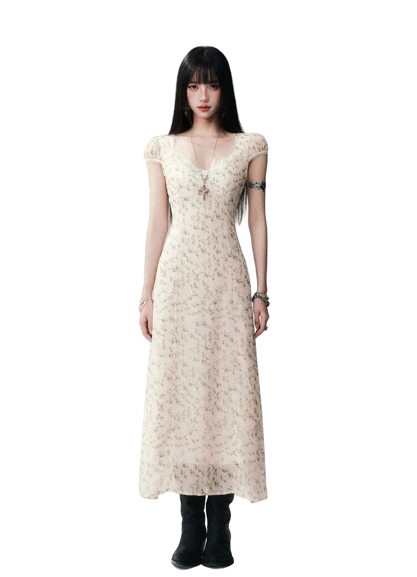 Lace V-Neck Long Dress