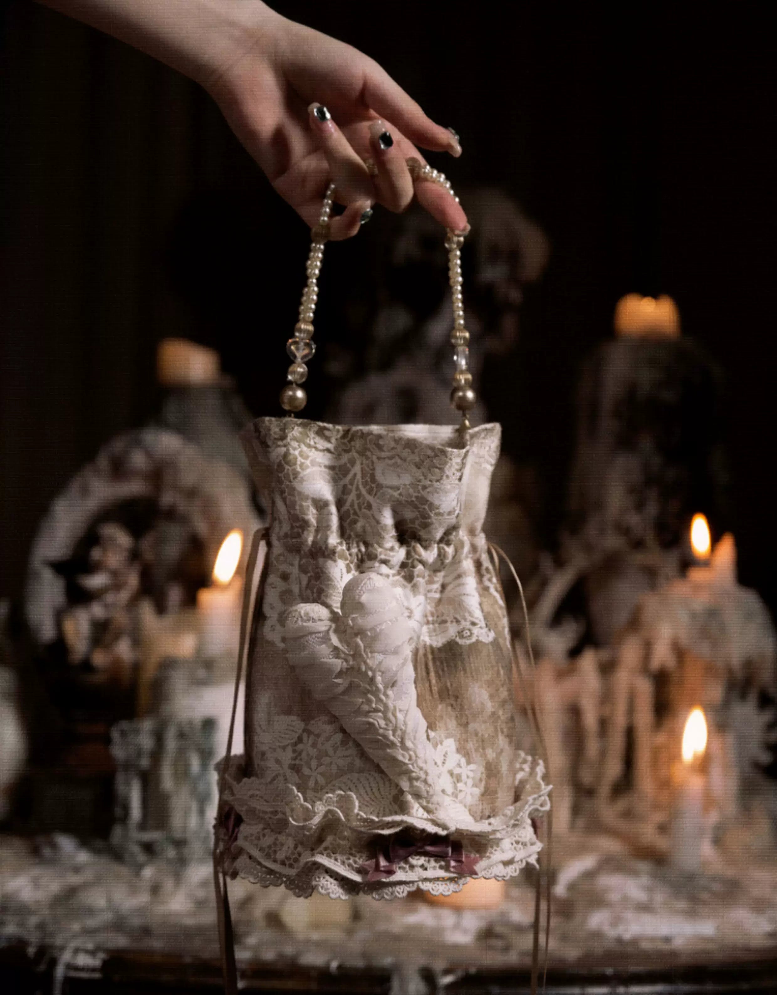 Beaded Heart Drawstring Handbag