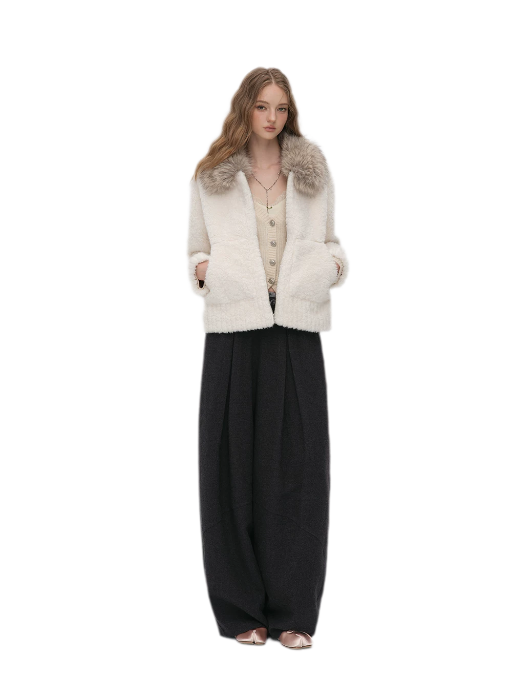 Pleated Contrast Wide-Leg Trousers