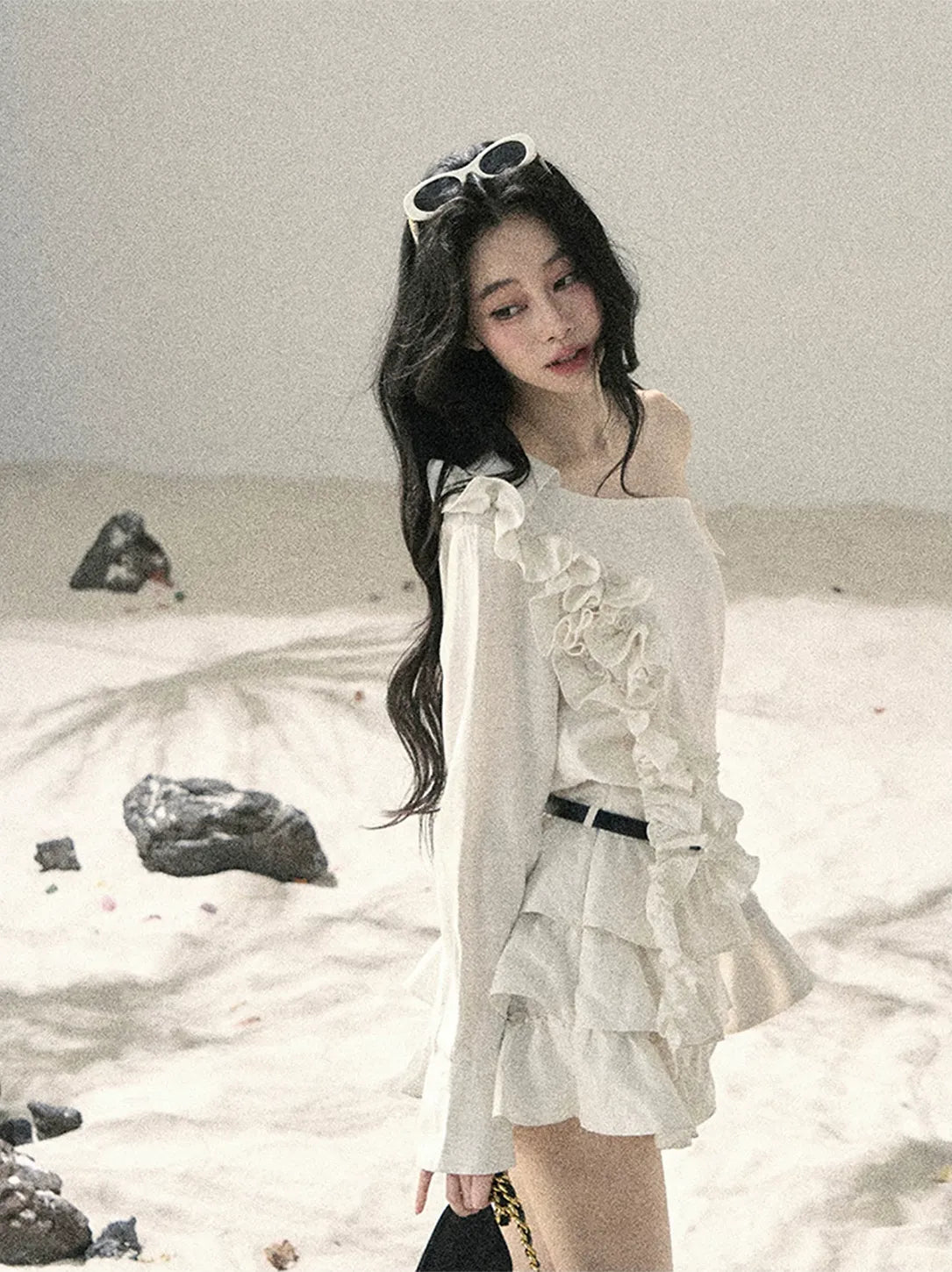 Linen Ruffle One-Shoulder Dress