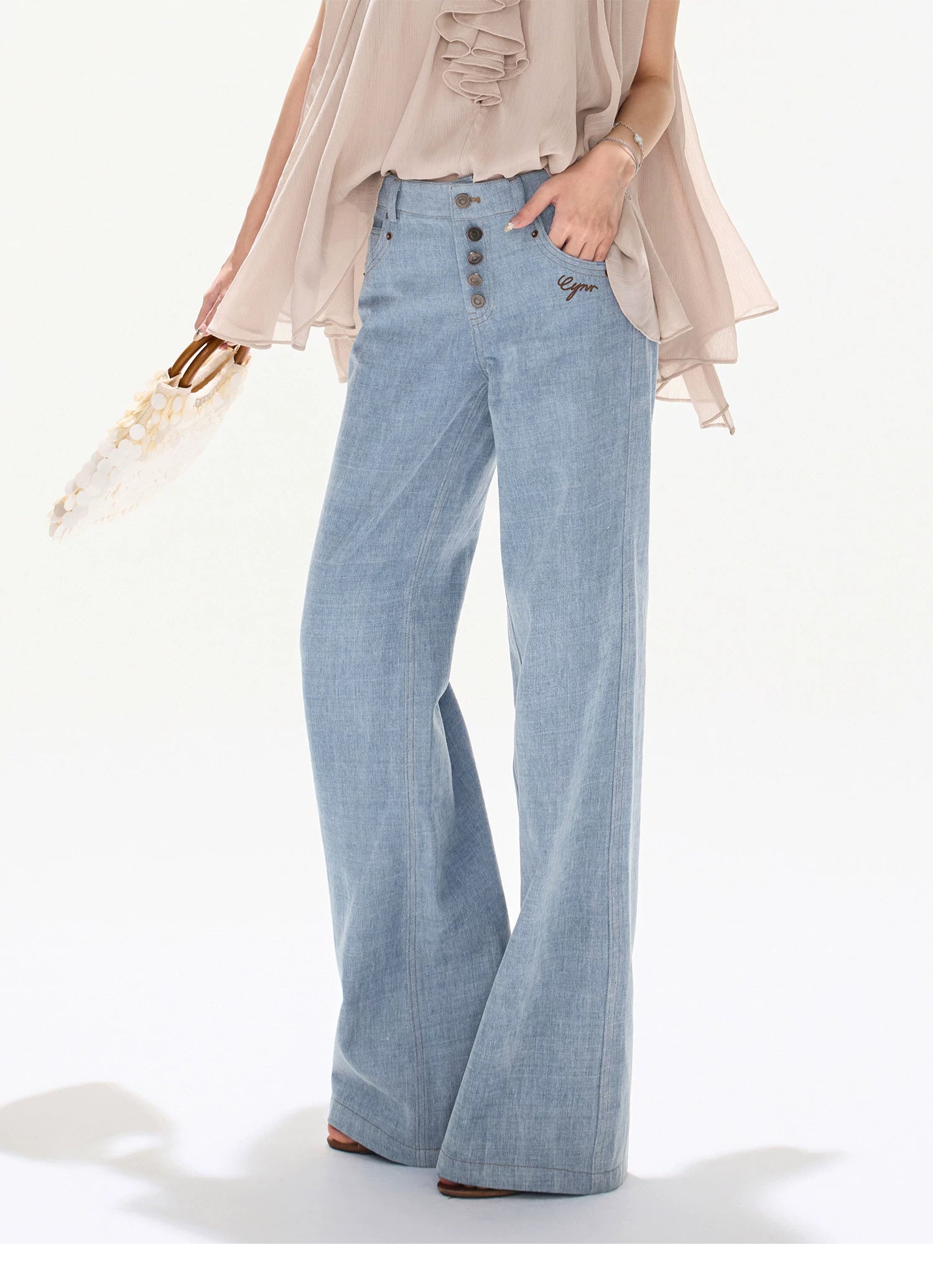 90s Vintage Washed Metal Button Wide-Leg Denim Pants