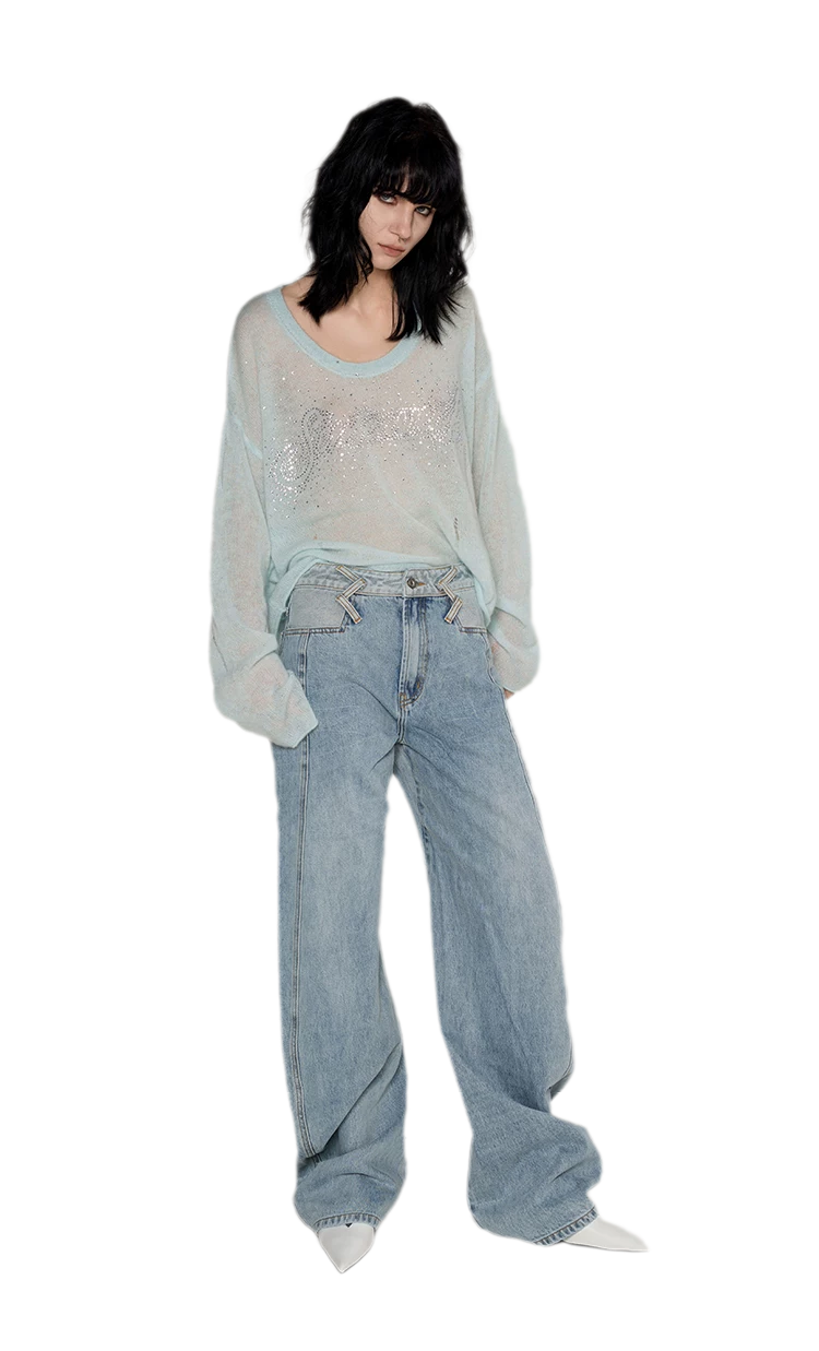 Pullover in mohair effetto consumato con strass