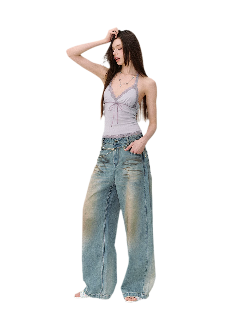Denim Halter Top and Wide-Leg Jeans Set