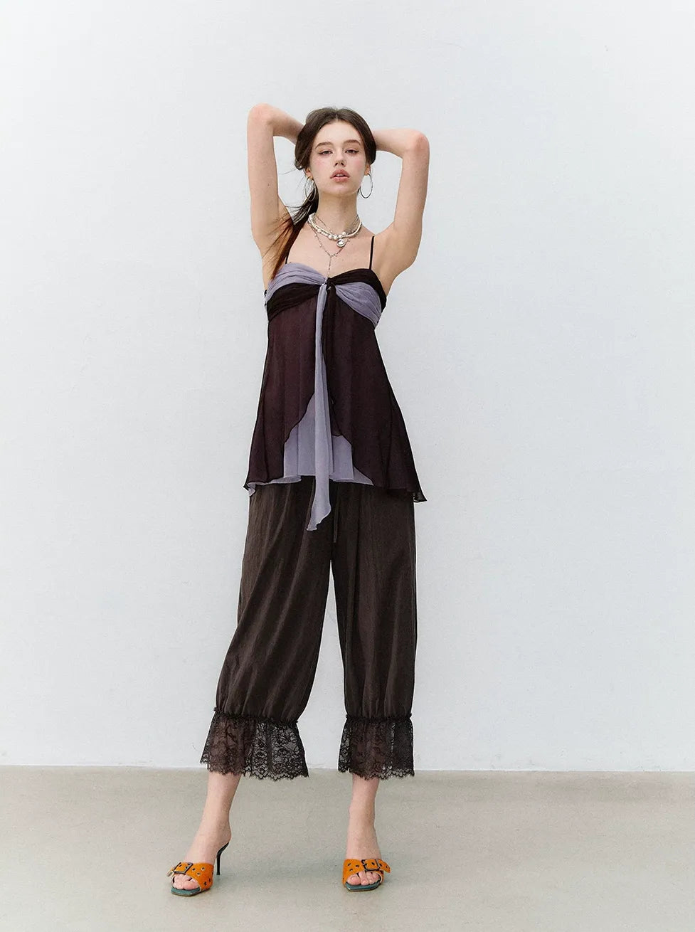 Relaxed Fit Tencel Lace Patchwork Wide Leg Pants