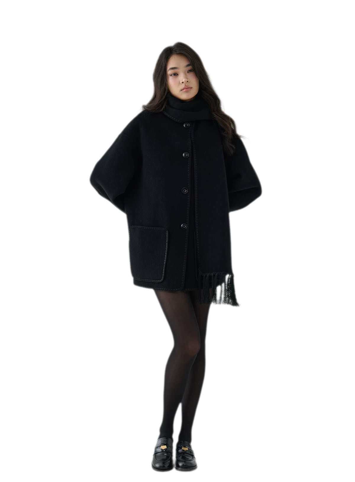 Double-Faced Wool Fringe Cape Coat