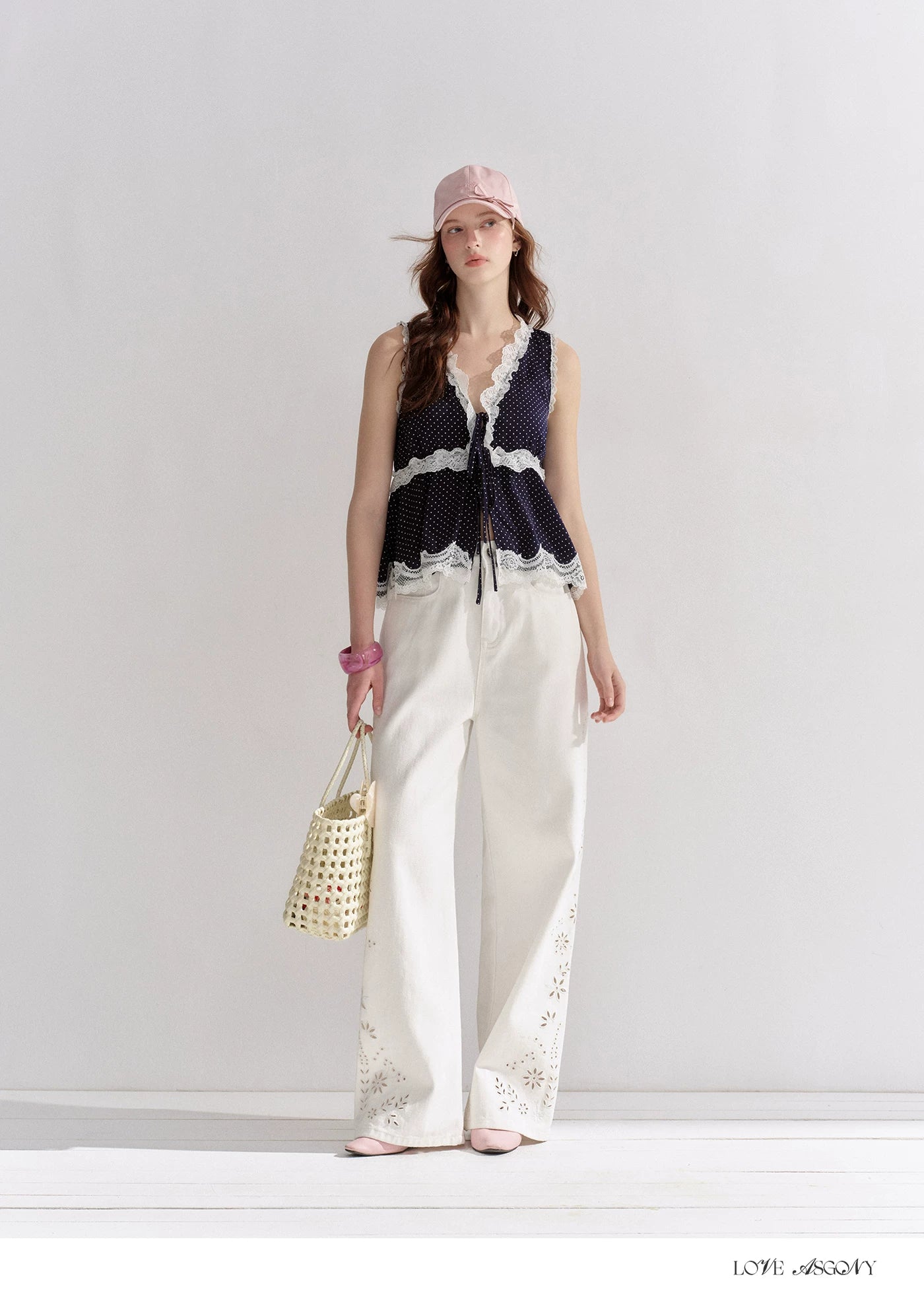 V-Neck Lace Polka Dot Waist-Defined Sleeveless Top