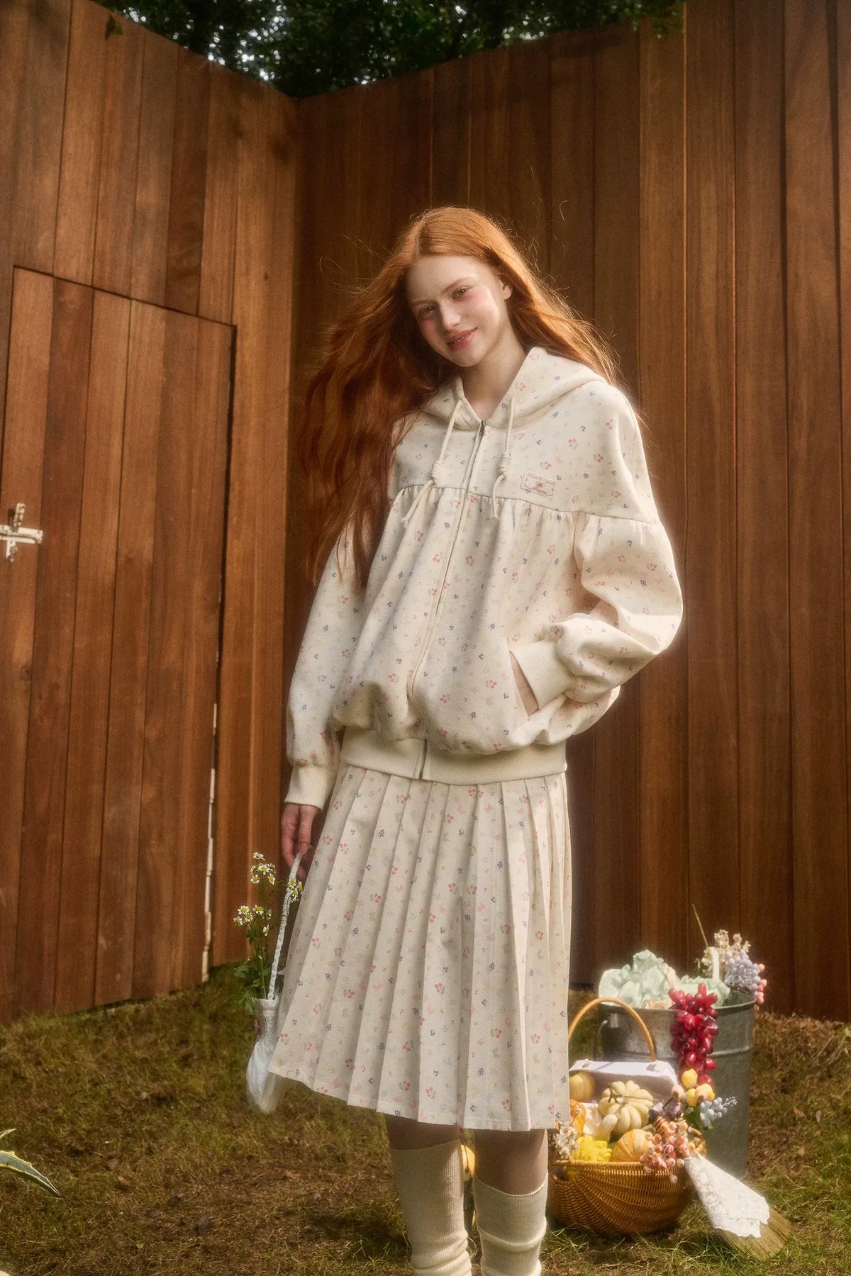 Printed Hooded Sweatshirt Pleated Skirt