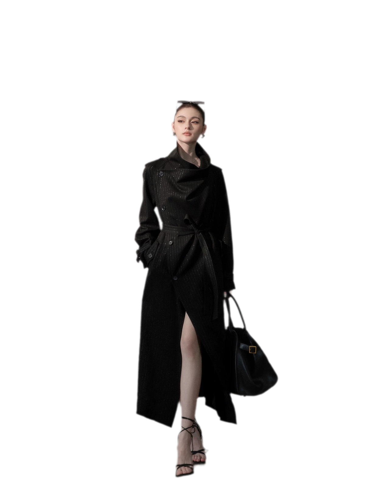 Silver-Thread Striped Long Trench Coat