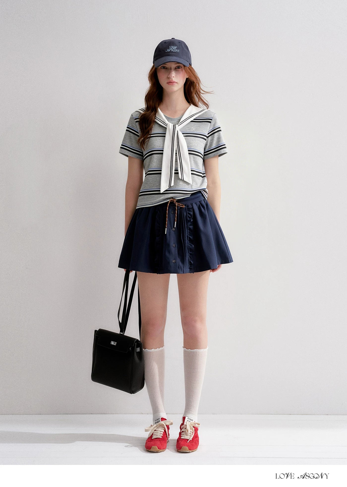 Navy Sailor Collar Tie-Striped Short T-shirt