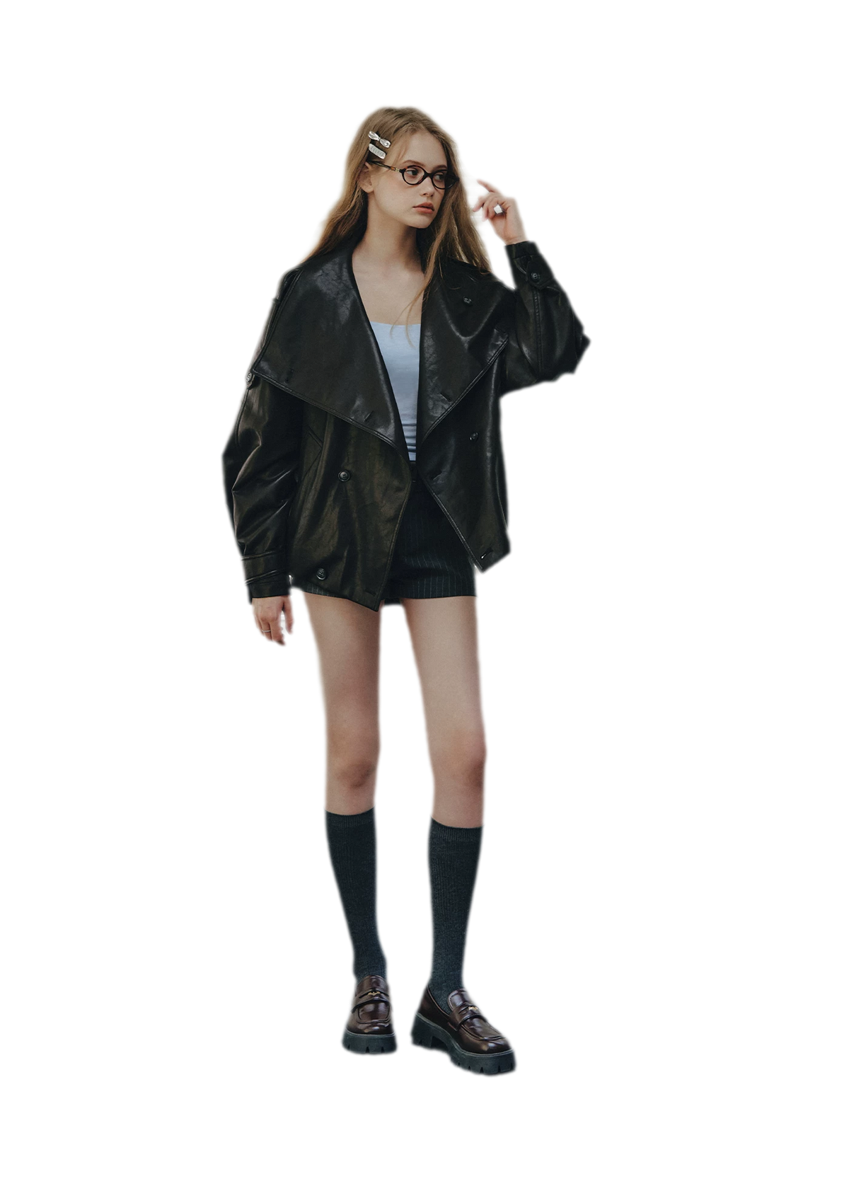 Faux-Leather Oversized Double-Breasted Jacket