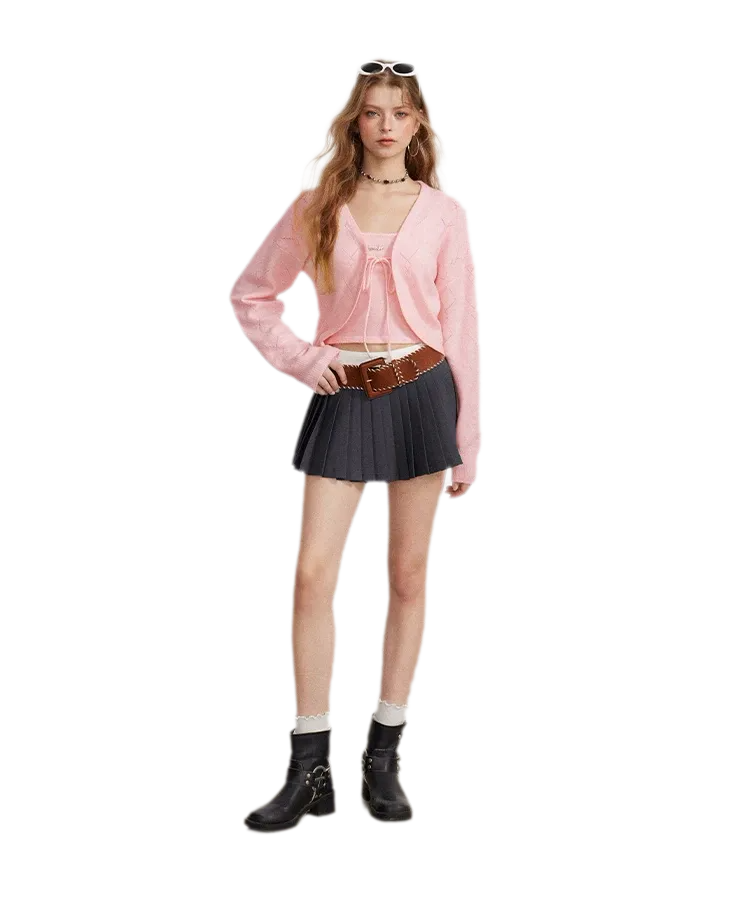 Diamond Knit Tie Cardigan Set
