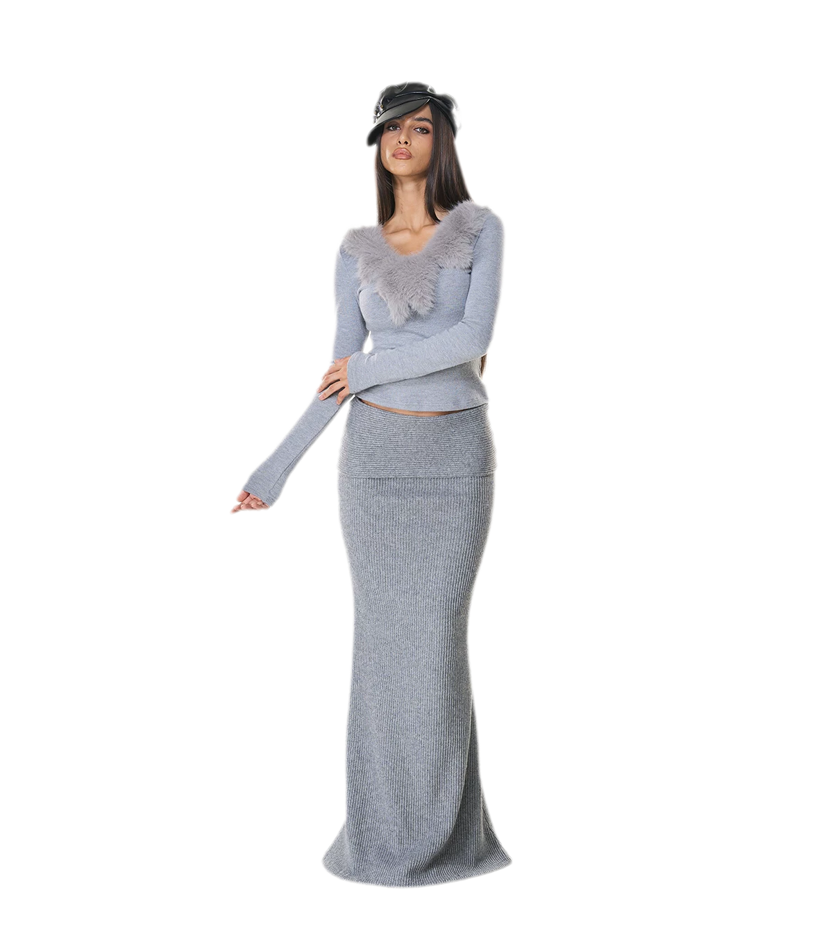 Bộ chân váy len cổ chữ V sâu gân rộng
