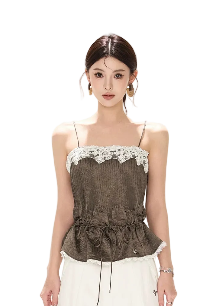 South France Holiday Contrast Lace Trim Ruffle Camisole