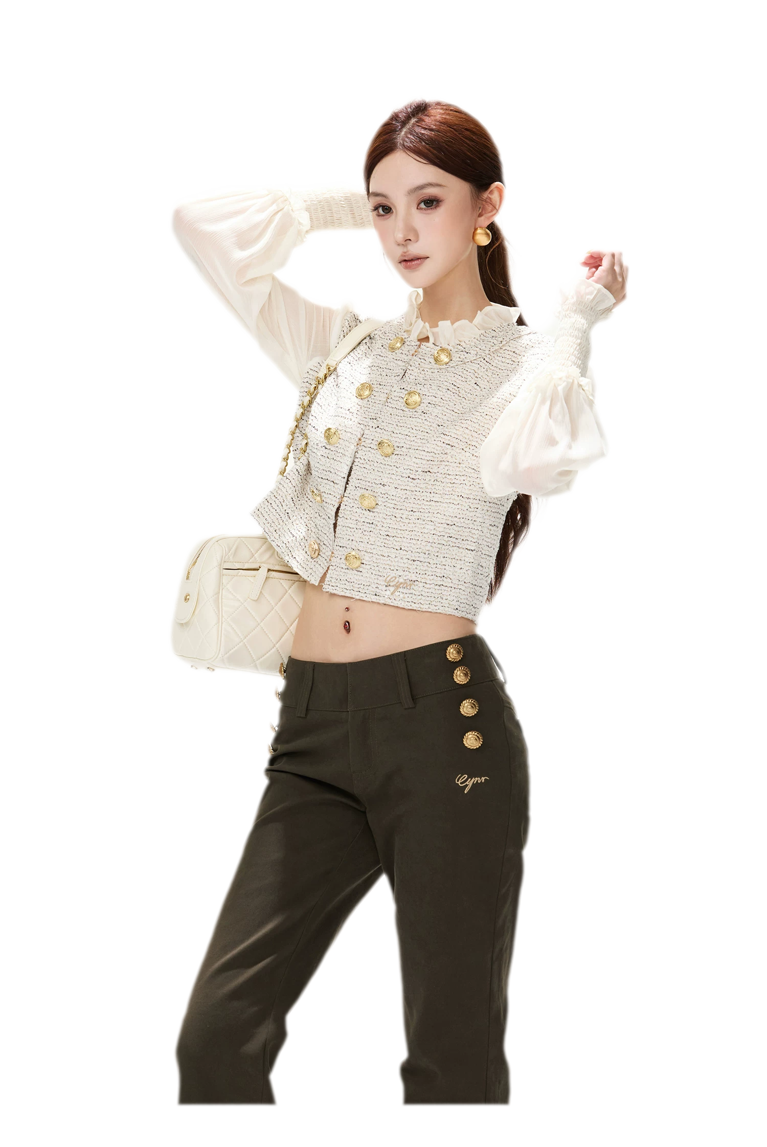 Multicolor Tweed Lantern Sleeve Jacket
