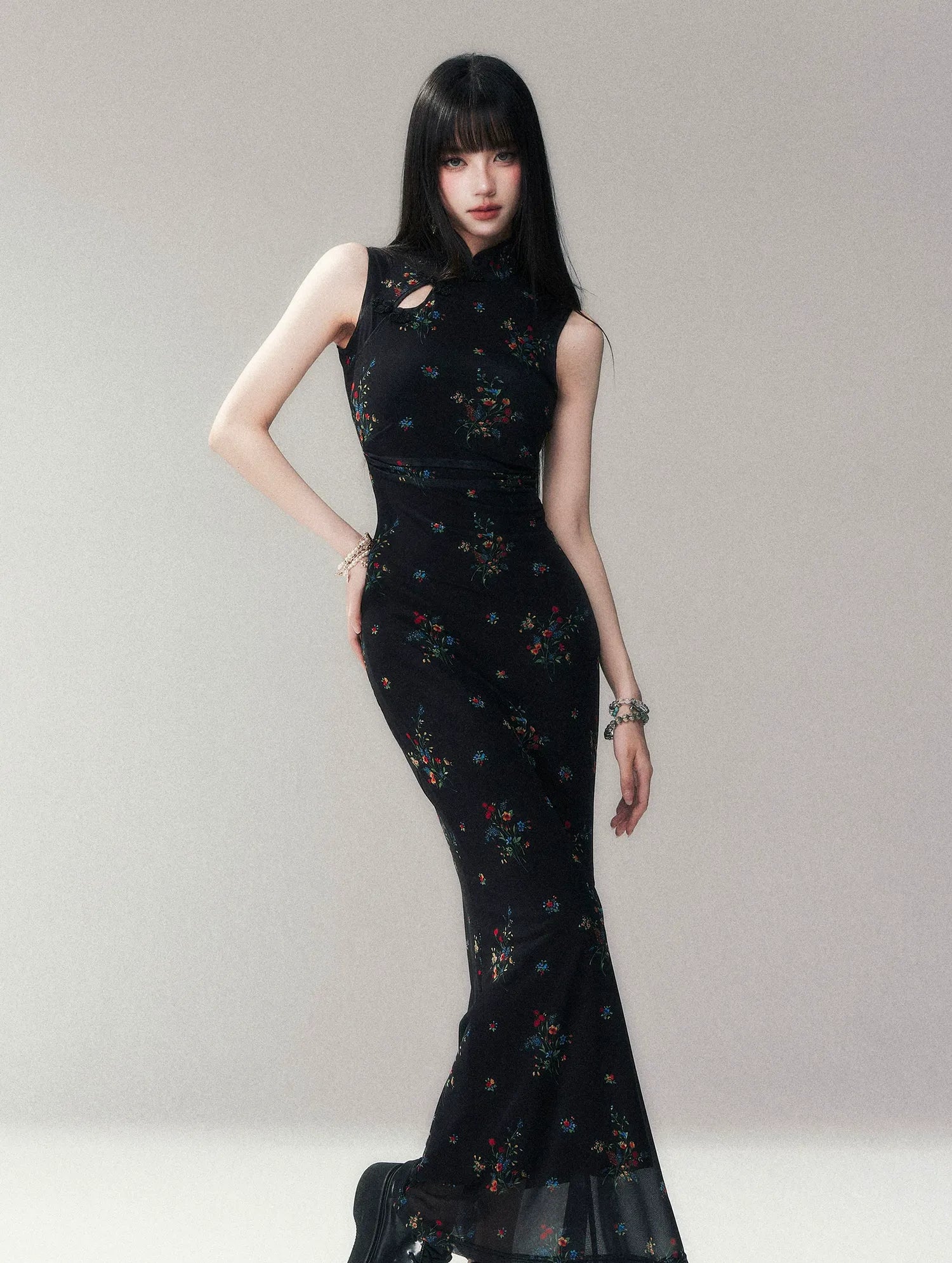 Dark Floral Mesh Qipao Dress