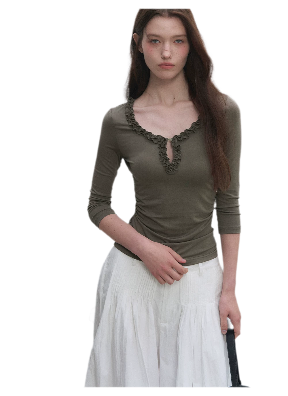 Ruffled Neck Stretch Tee