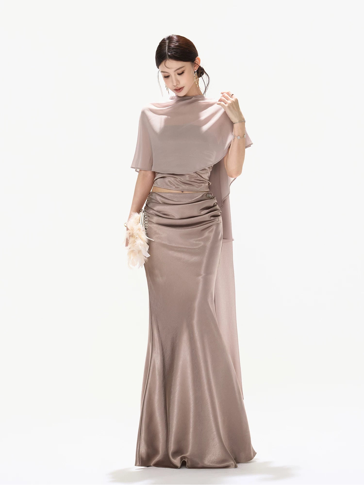Elegant Asymmetric Chiffon Shawl Top with Built-in Bustier