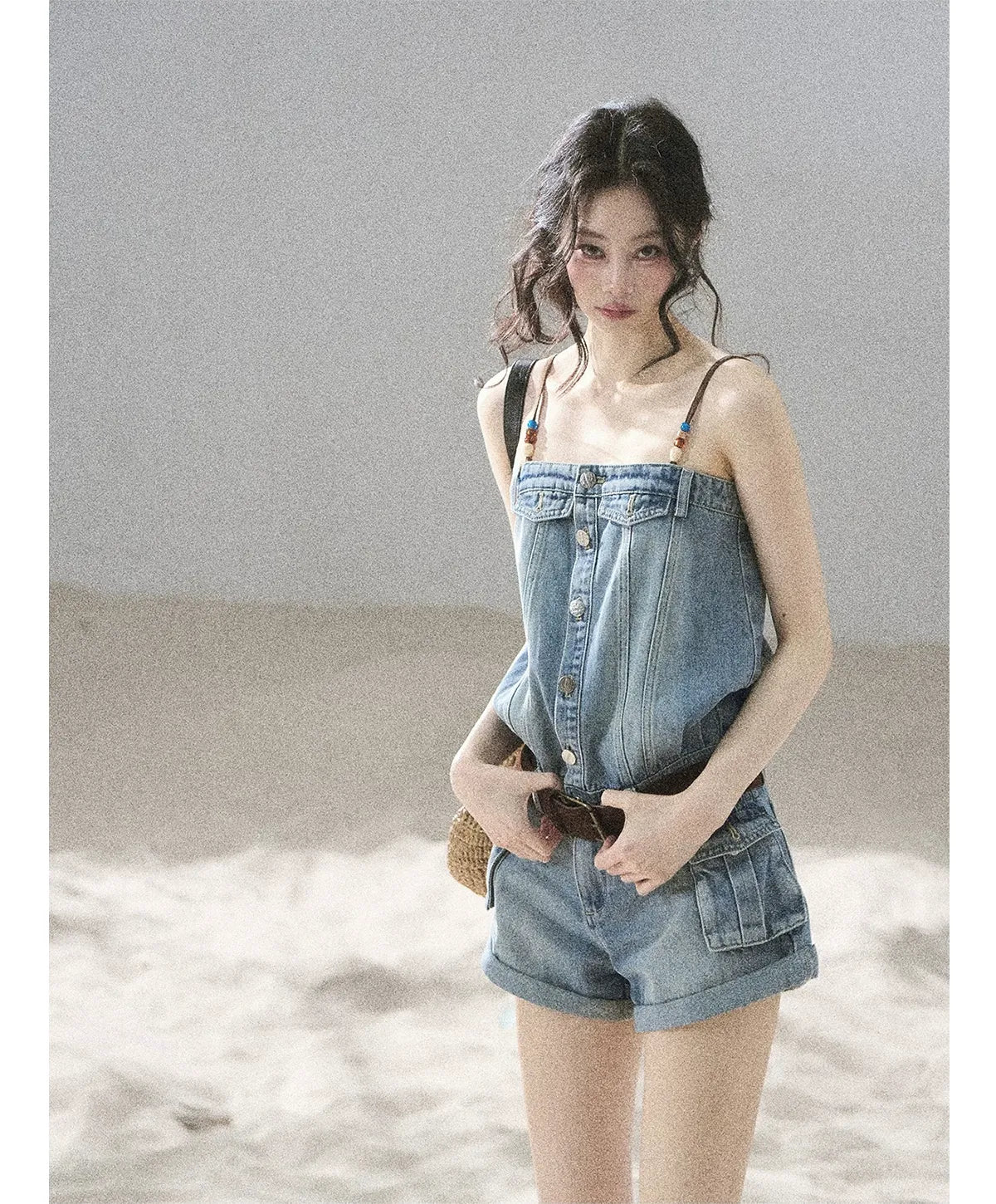 Washed Denim Jumpsuit Shorts