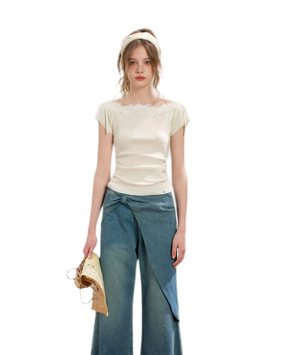 Lace Trim Off-Shoulder Knit Top & Denim Pants
