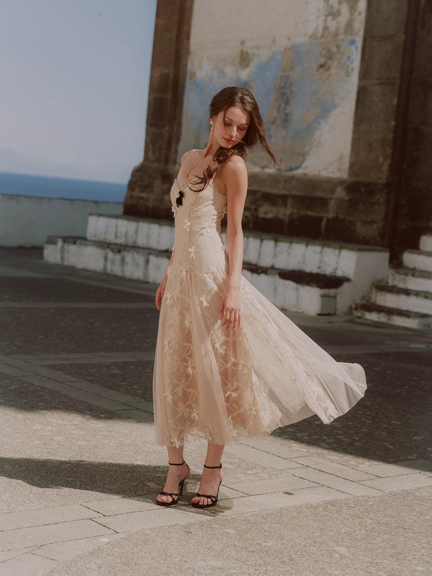 Embroidered Bow Mesh Dress