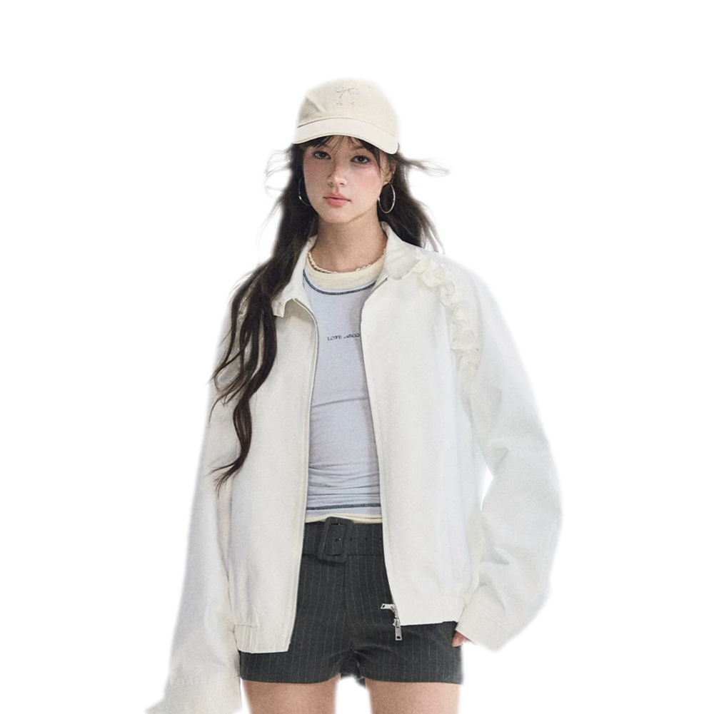 Ruffled Stand Collar Harrington Jacket