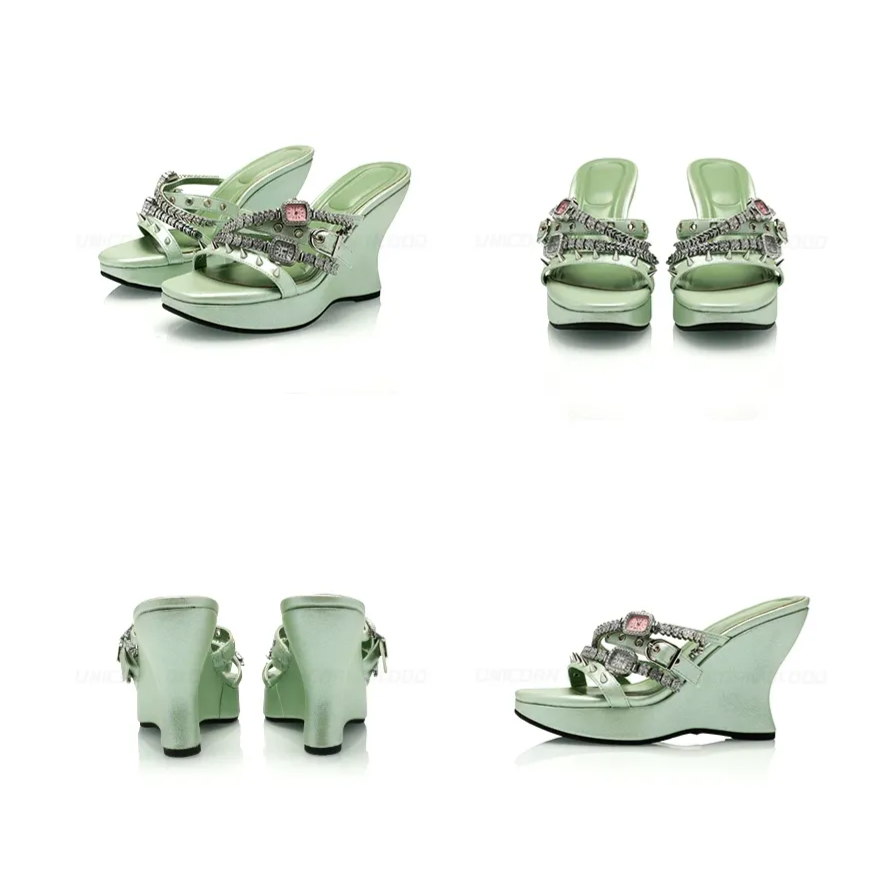 Rhinestone Strap Wedge Mules