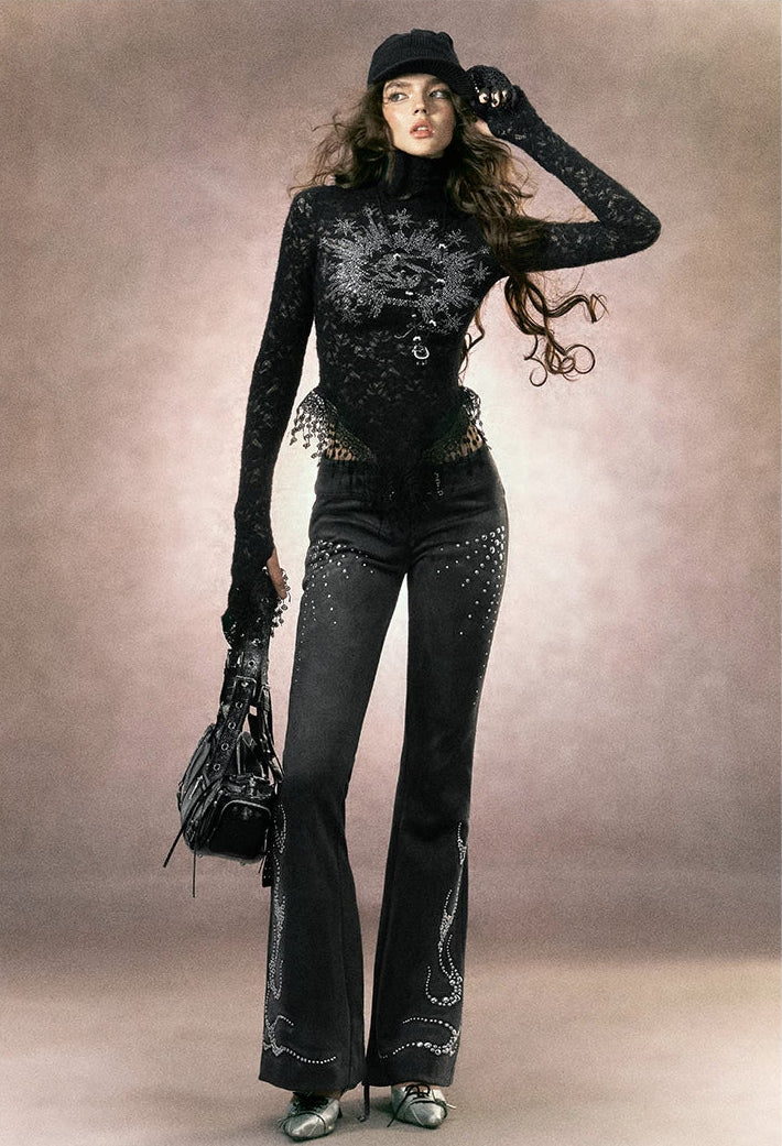Rose Embellished High Neck Slim Lace Top
