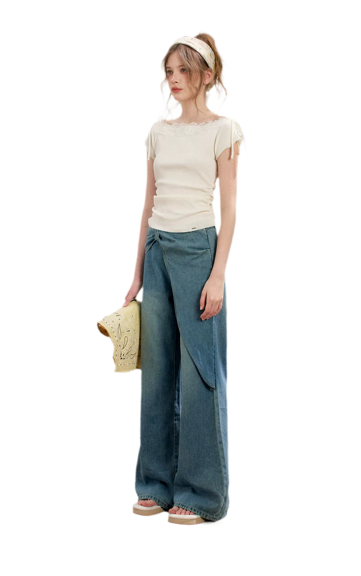 Lace Trim Off-Shoulder Knit Top & Denim Pants