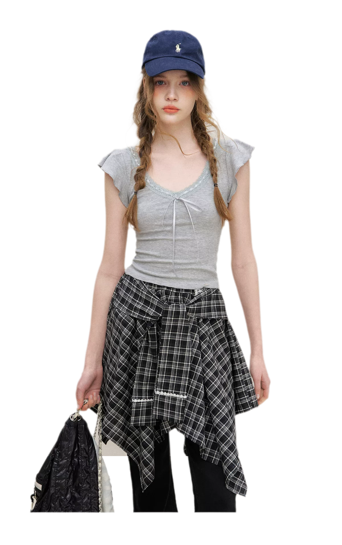 Asymmetric Lace Patchwork Plaid Skirt/Top