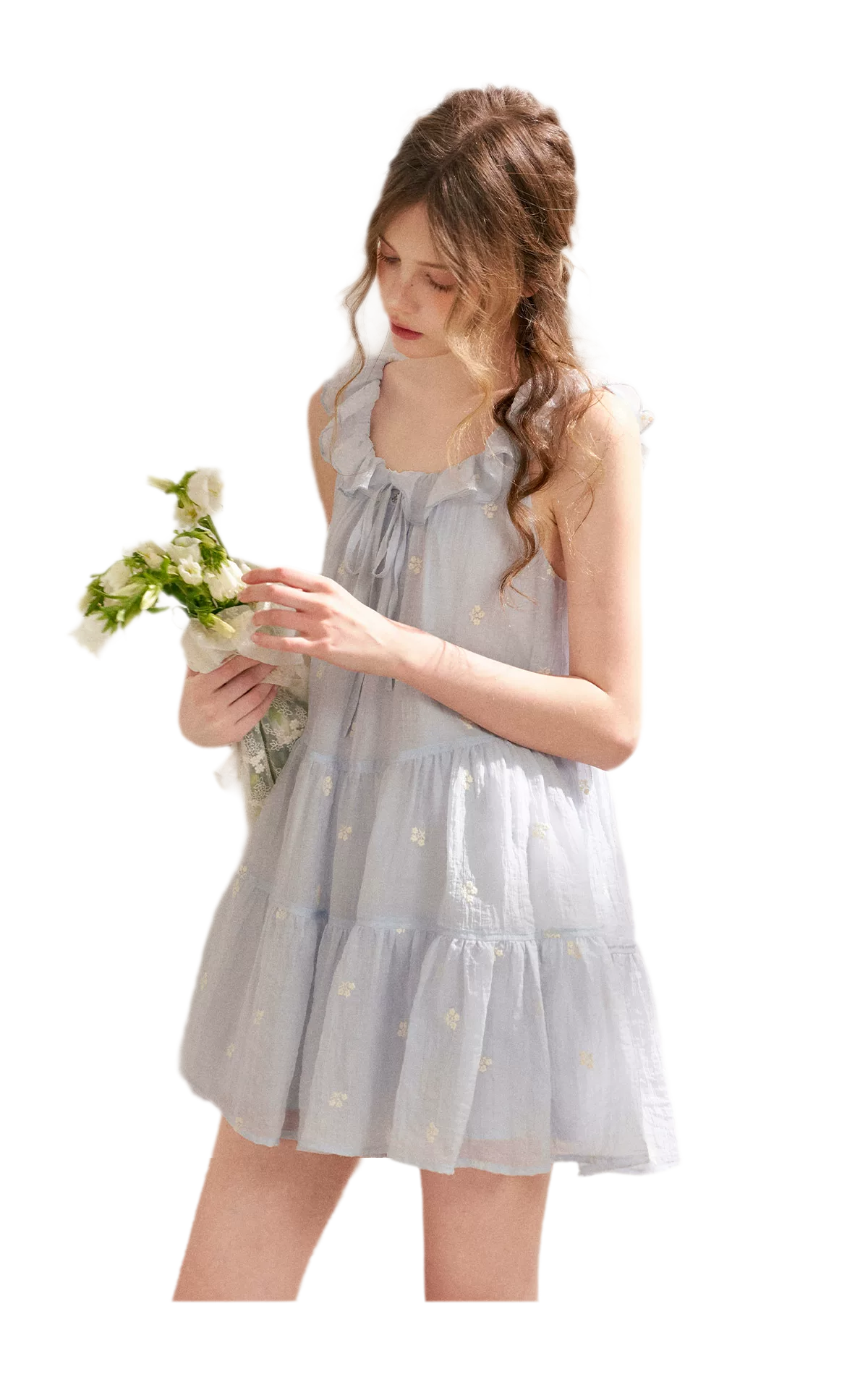 Tencel Embroidered Ruffle A-line Dress