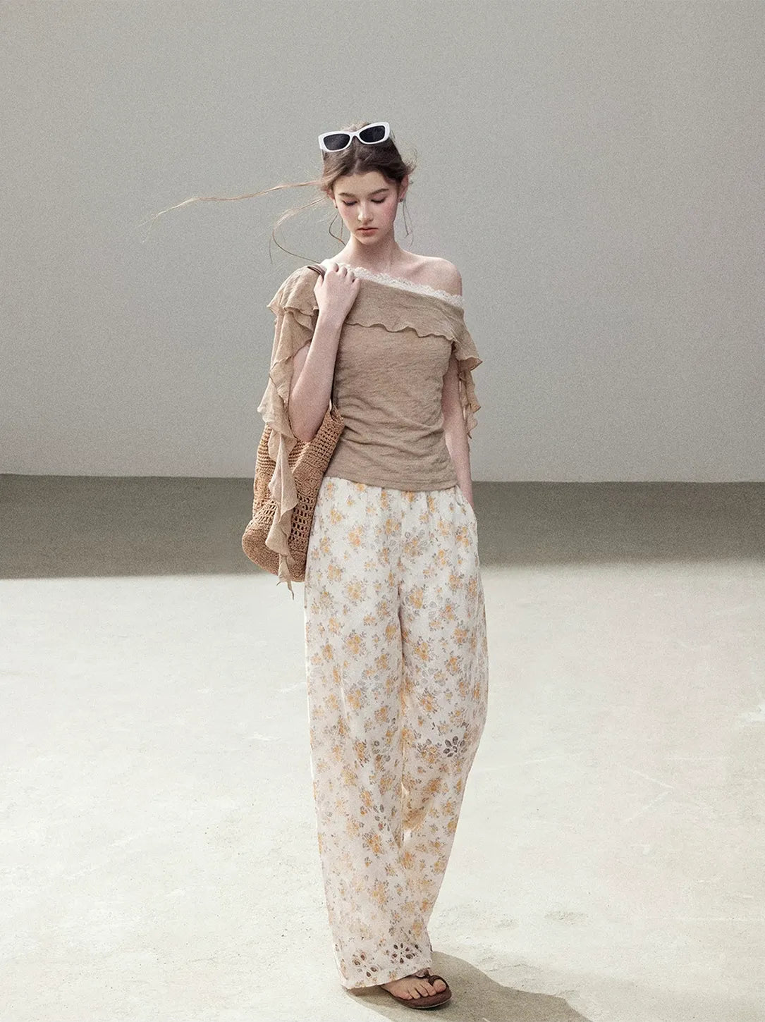 Laser-Cut Floral Wide-Leg Pants