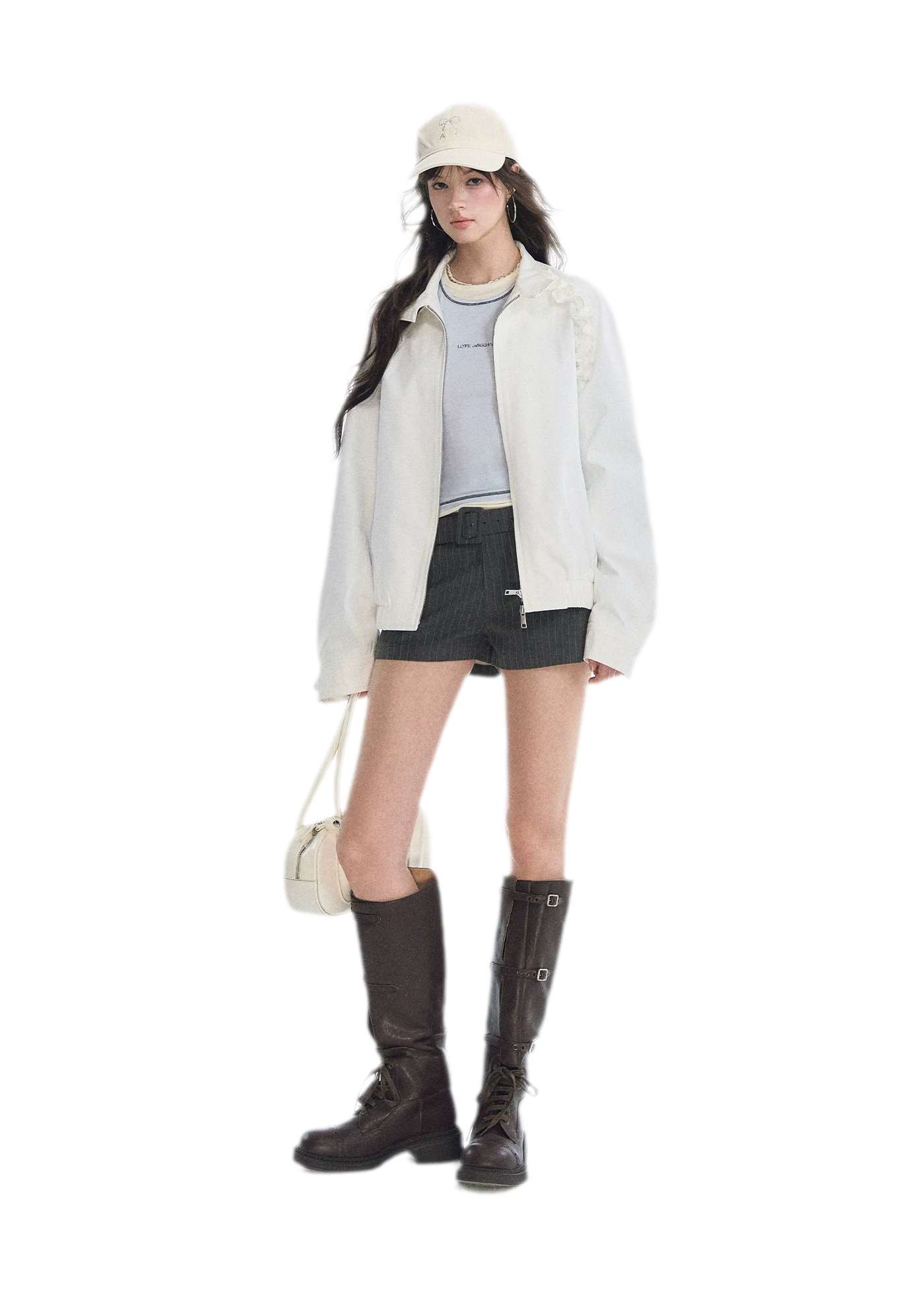 Ruffled Stand Collar Harrington Jacket