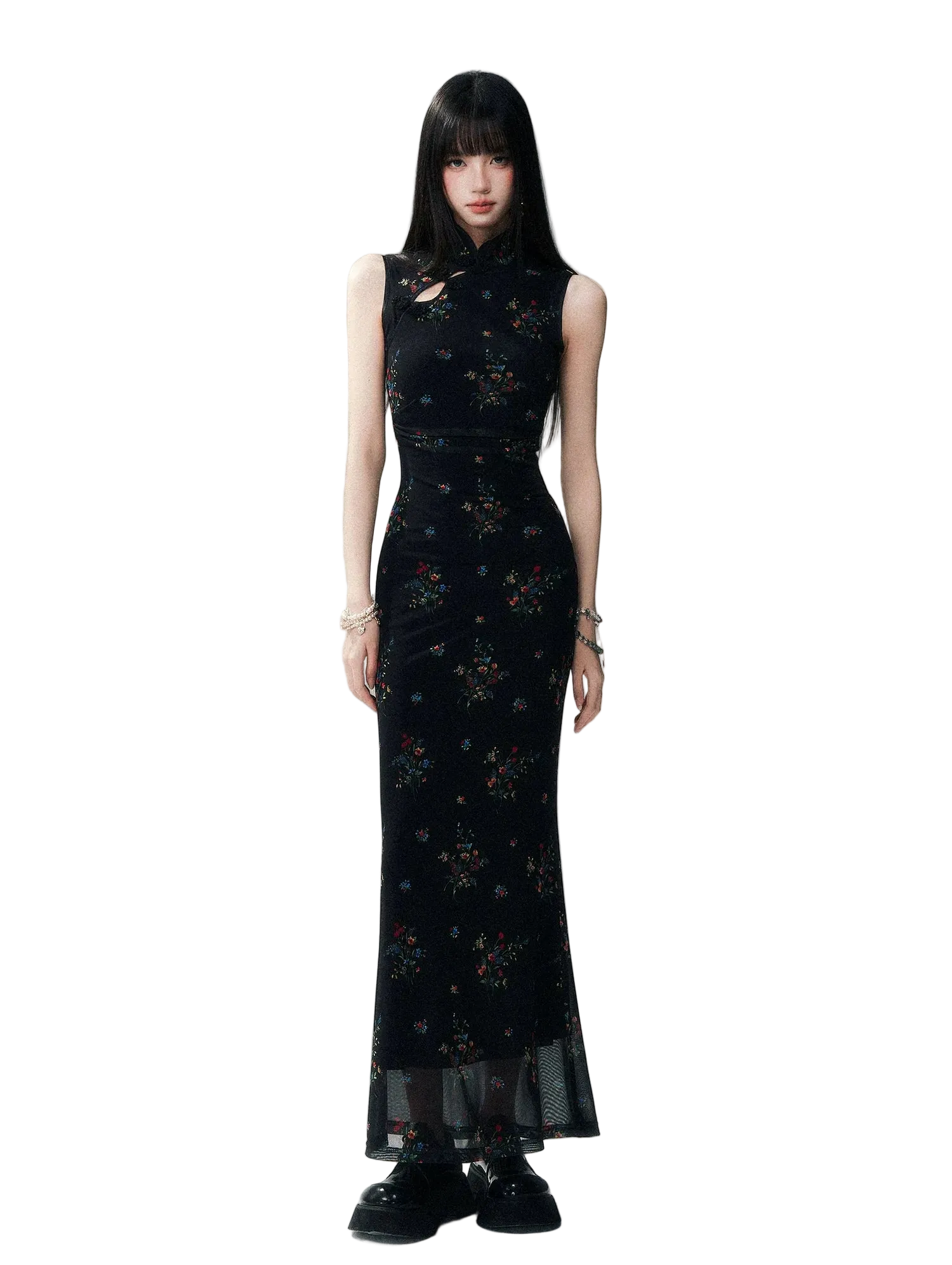 Dark Floral Mesh Qipao Dress