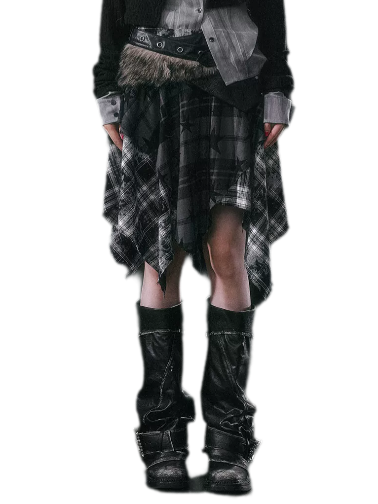 Star Plaid Raw-Edge Skirt