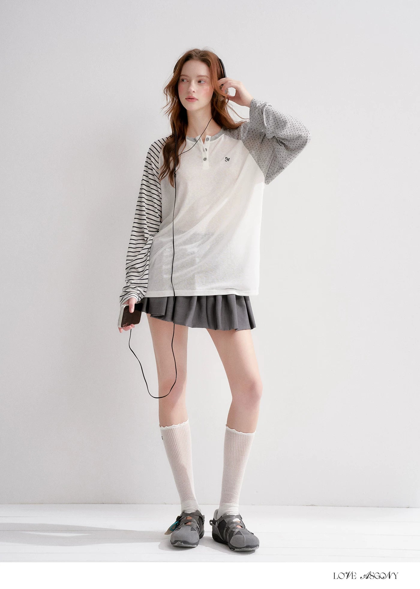Striped Polka Dot Raglan Sleeve Long Sleeve Pullover