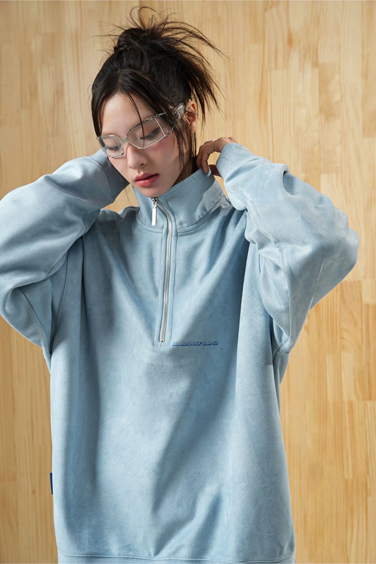 Faux Suede Oversize Polo Sweatshirt