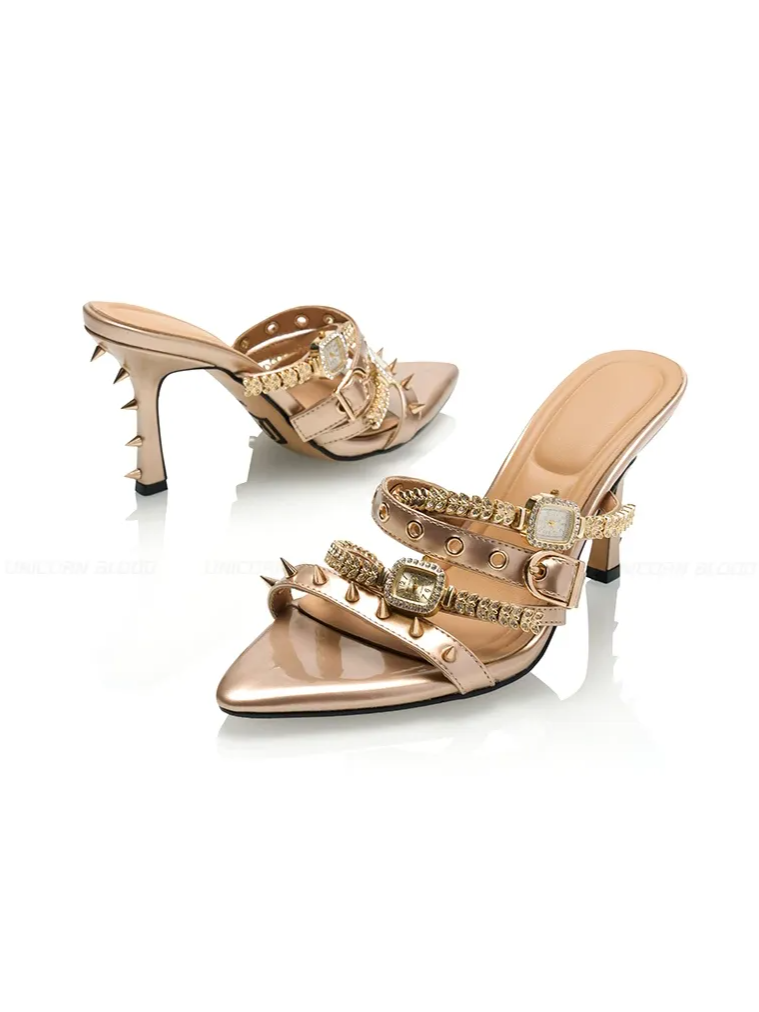 Patent Rivet Stiletto Sandals
