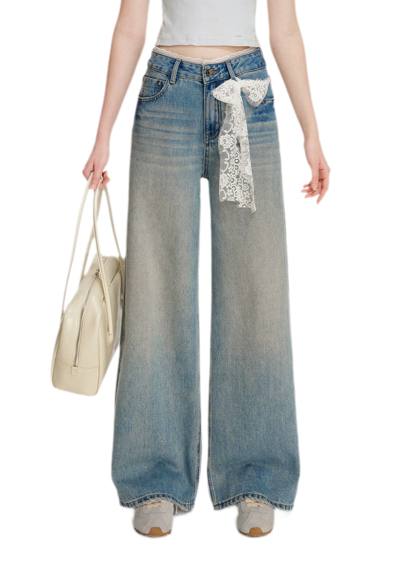 Lace-Trimmed Wide-Leg Denim Pants
