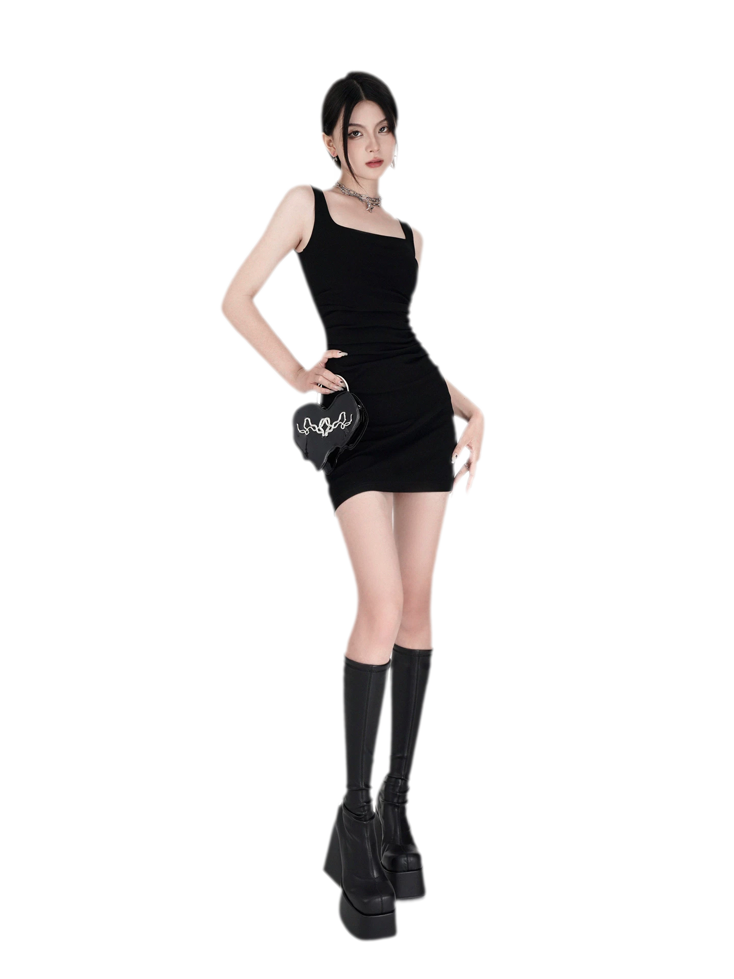 Stretch Ruched Square-Neck Mini Dress