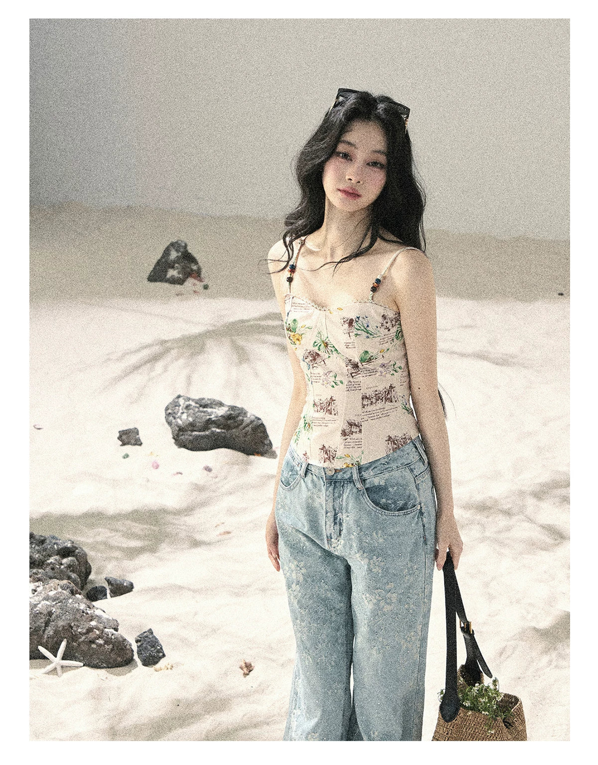 American Style Rhinestone Floral Denim Pants
