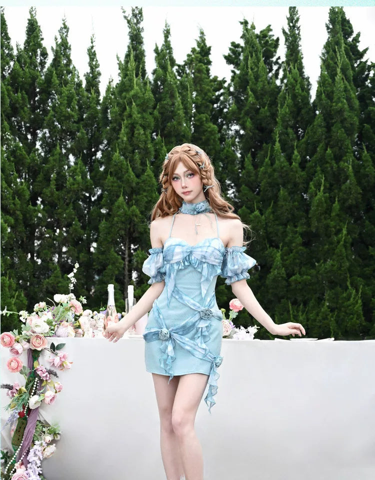 Rose Jacquard Halter Mini Dress