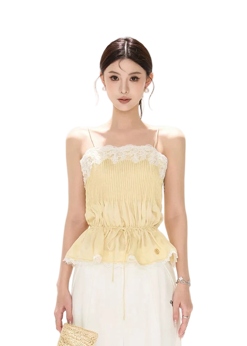 South France Holiday Lace Trim Waist-Cinched Camisole