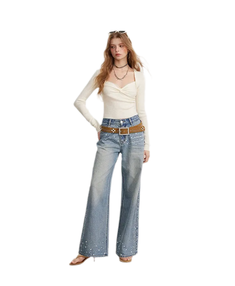 Rhinestone Pearl Wide-Leg Jeans