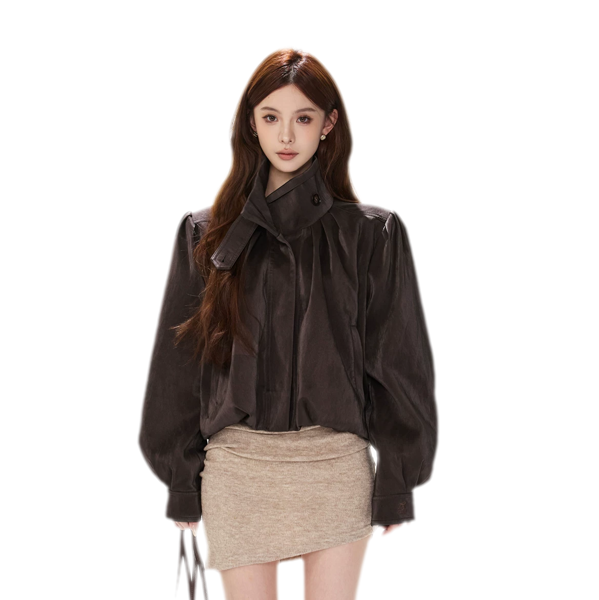 Veste courte froncée en cuir PU