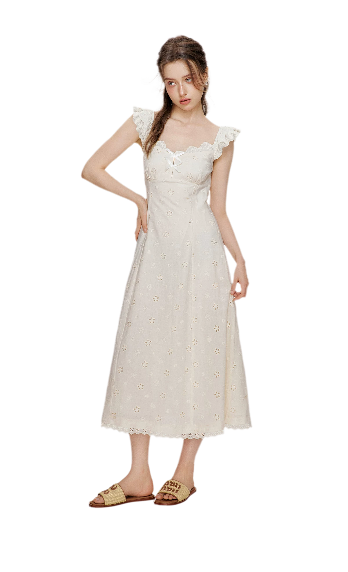 Embroidered Lace Flutter Sleeve Dress