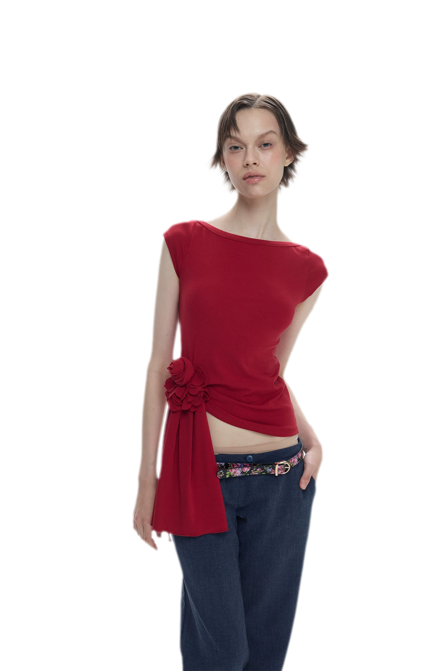 Asymmetric Flower Short Sleeve Top