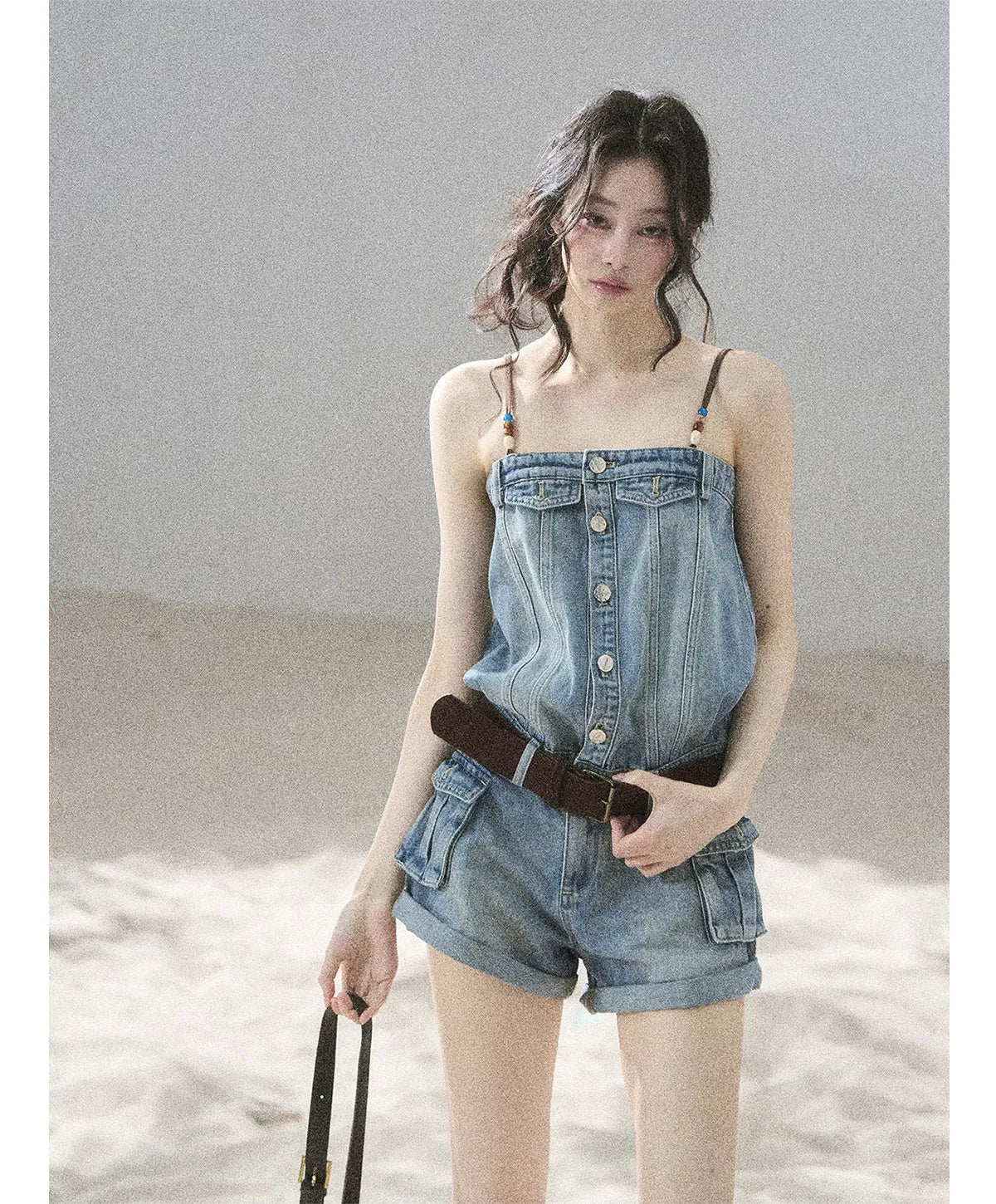 Washed Denim Jumpsuit Shorts