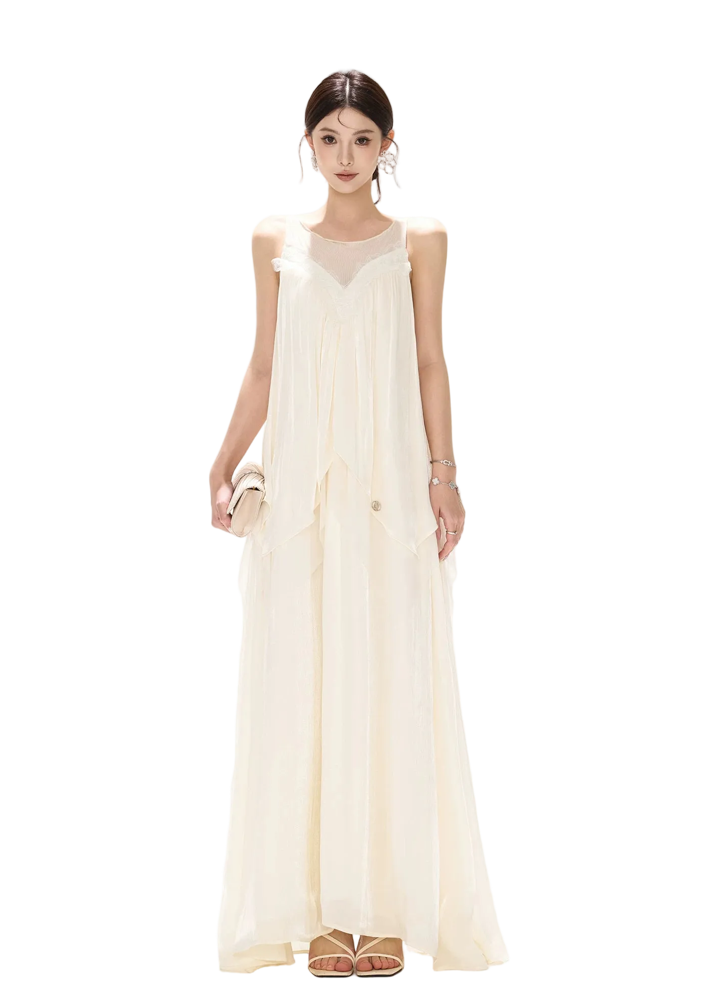transparent mesh maxi dress Sleeveless Ruffle Long Beige / S Womens Lipsy Lime Green week3923_20230924 airy effect Size:US: (4-12) I UK: 30-38 I FR: 32-40
