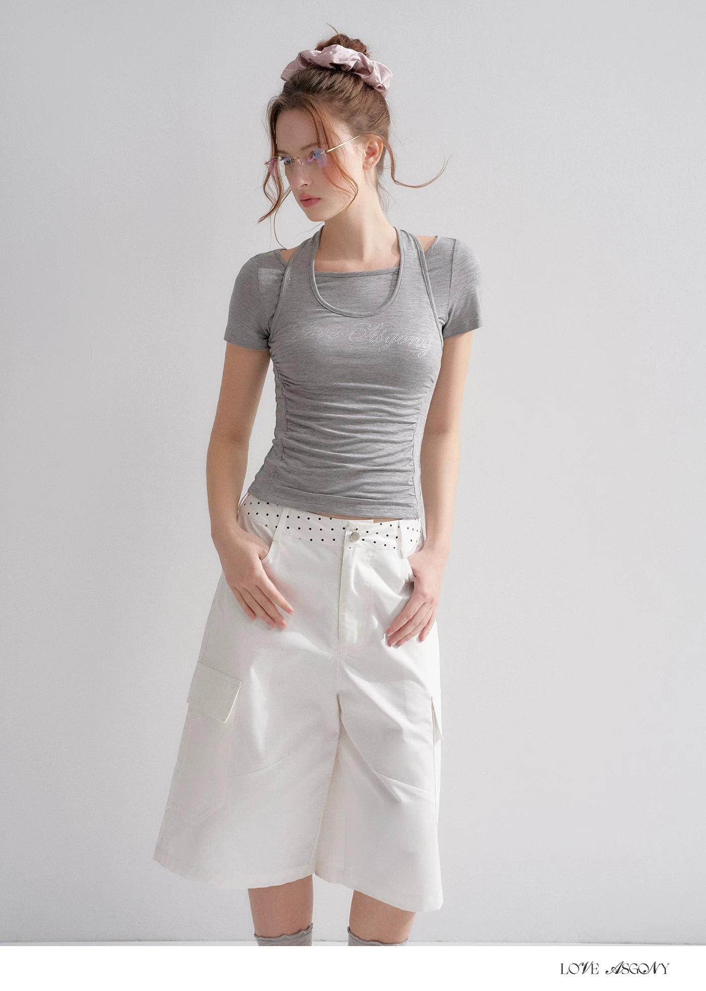 Lyocell Rhinestone Pleated Short Sleeve T-Shirt